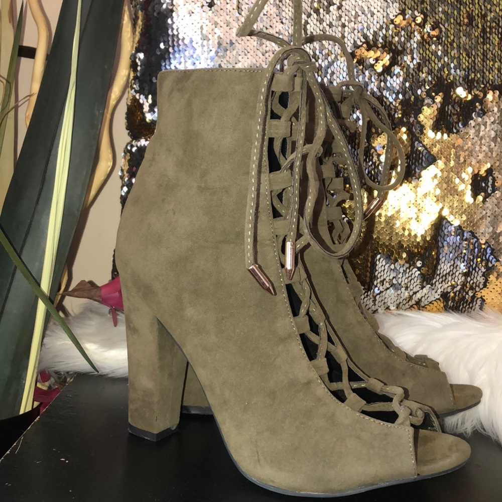 Olive Green Suede Lace Up Bootie